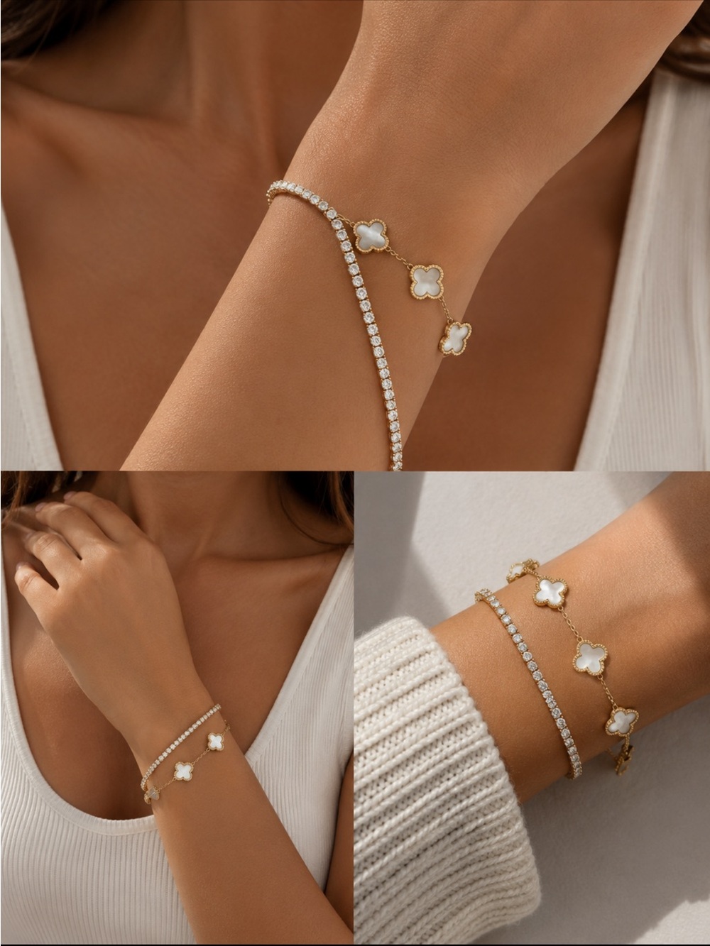 Gold and White Clover Bracelet Set - Women Jewelry